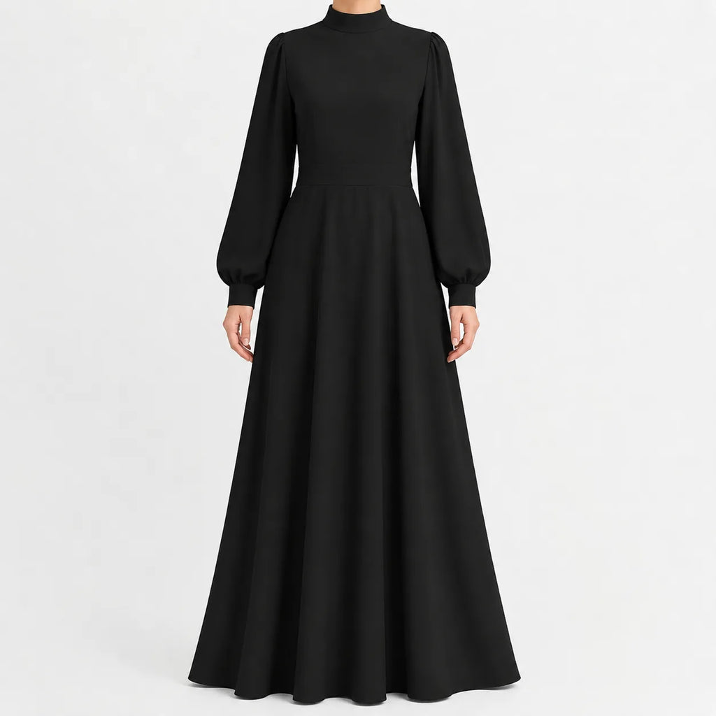 Women's High Waist Long Sleeve Maxi Dress – Mock Neck Flowy Dress