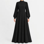 Women's High Waist Long Sleeve Maxi Dress – Mock Neck Flowy Dress