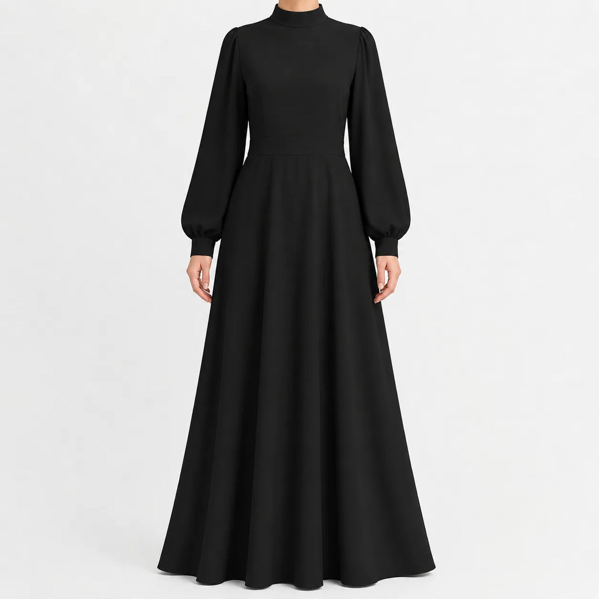 Women's High Waist Long Sleeve Maxi Dress – Mock Neck Flowy Dress