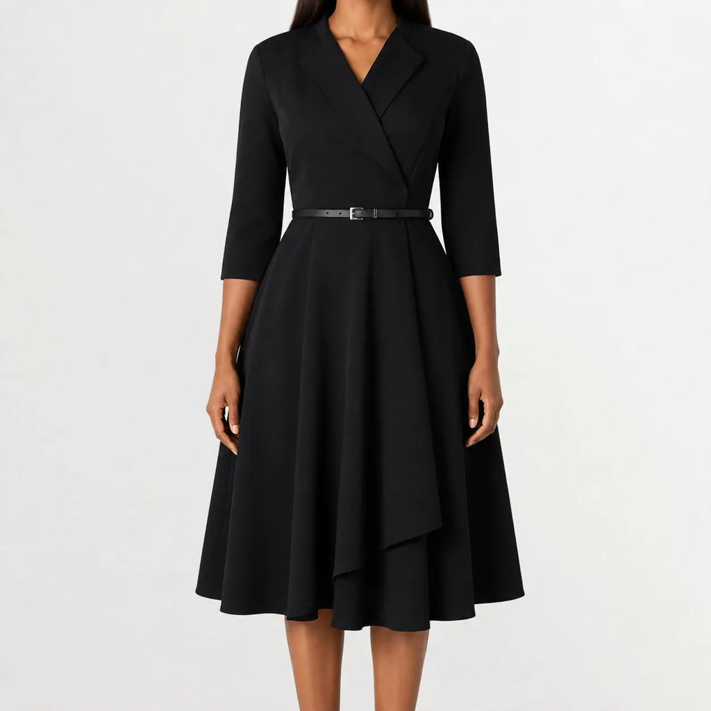 Women's Three Quarter Sleeve A-Line Dress – V-Neck Belted Casual Dress