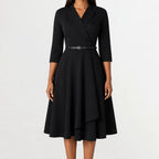 Women's Three Quarter Sleeve A-Line Dress – V-Neck Belted Casual Dress