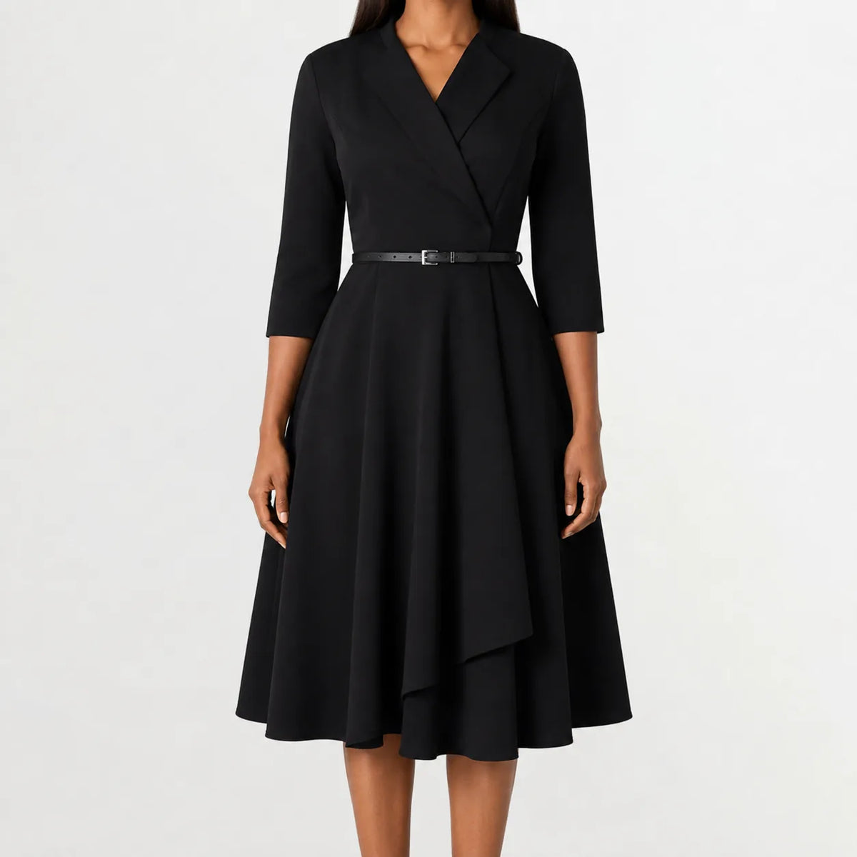 Women's Three Quarter Sleeve A-Line Dress – V-Neck Belted Casual Dress
