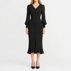 Women's V-Neck Black Ruffle Dress – Long Sleeve Casual Dress