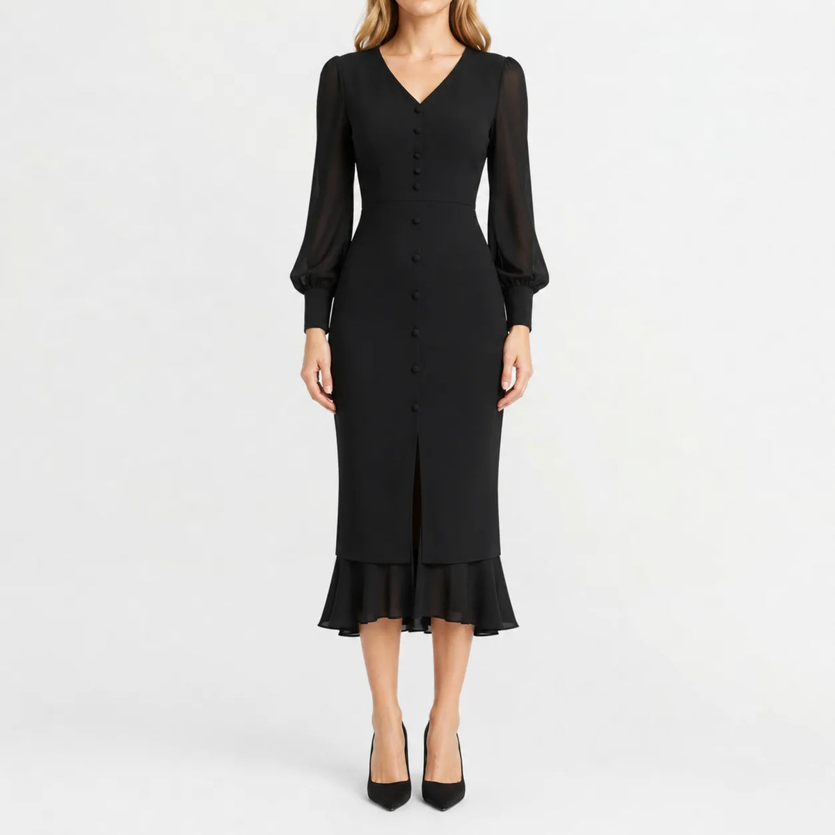 Women's V-Neck Black Ruffle Dress – Long Sleeve Casual Dress