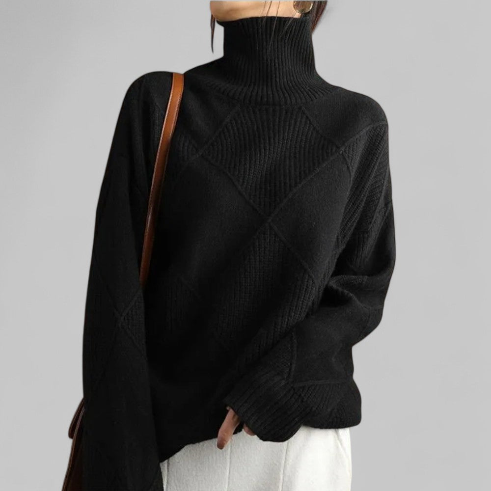 Women's Geometric Roll Neck Sweater – Relaxed Winter Knit Sweater
