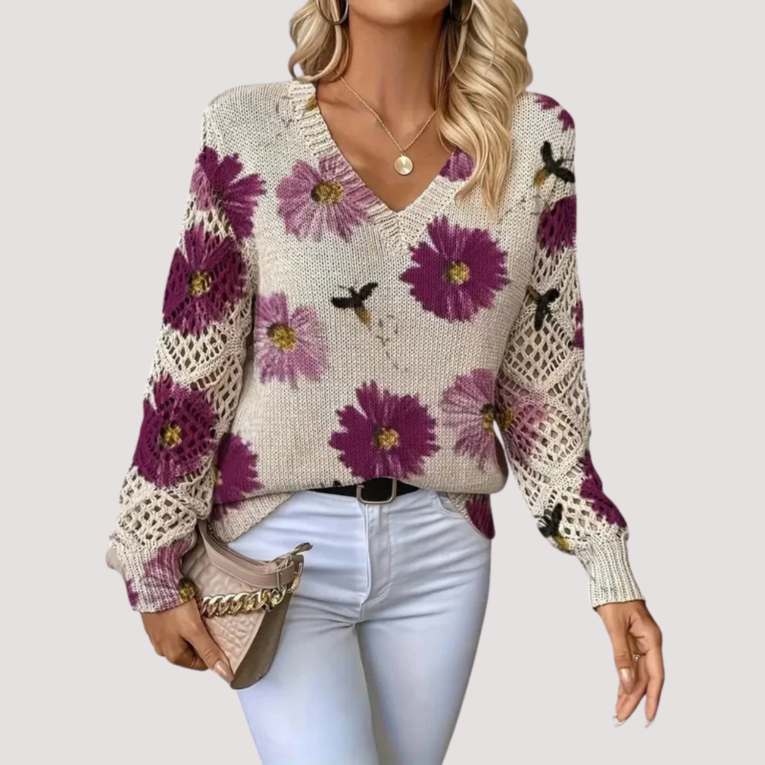 Women's Floral Pattern Sweater – Lightweight V-Neck Knit Pullover