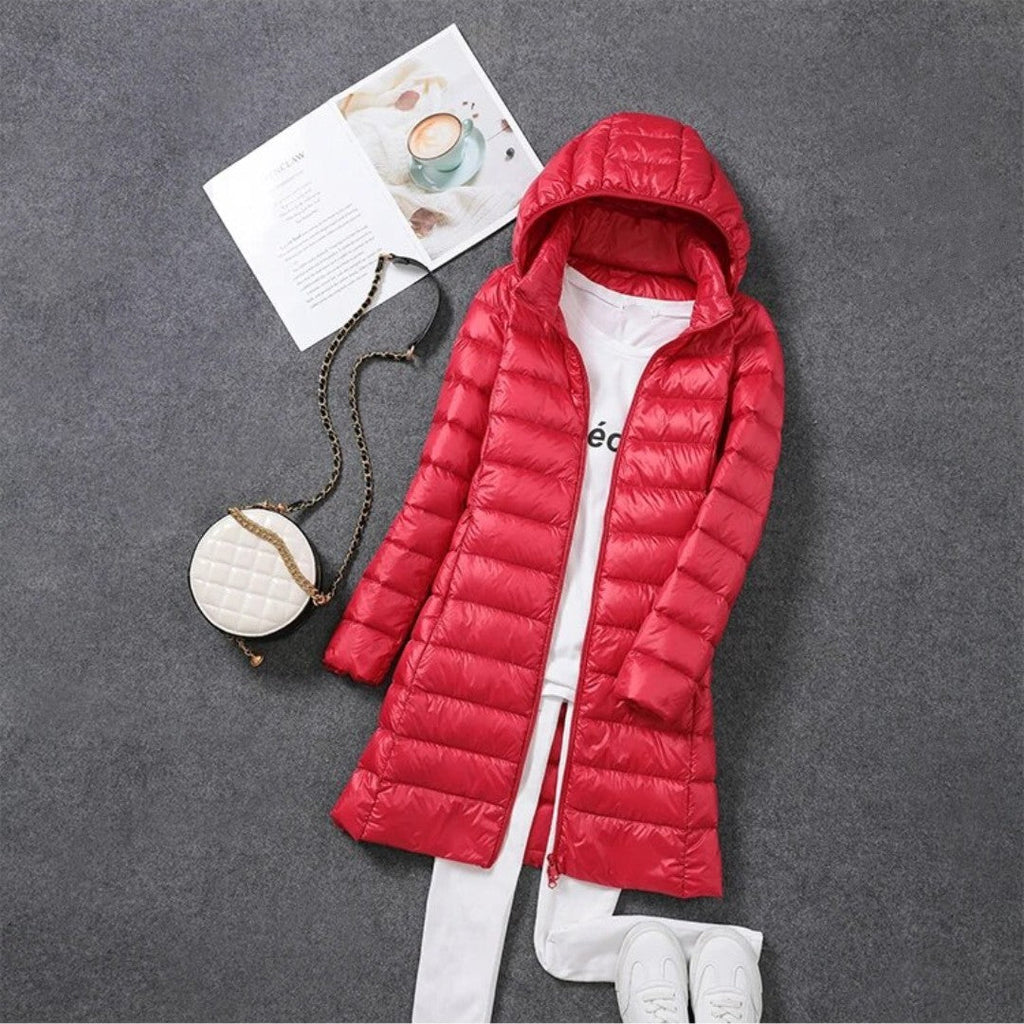 Women's Lightweight Puffer Coat – Longline Removable Hood Jacket