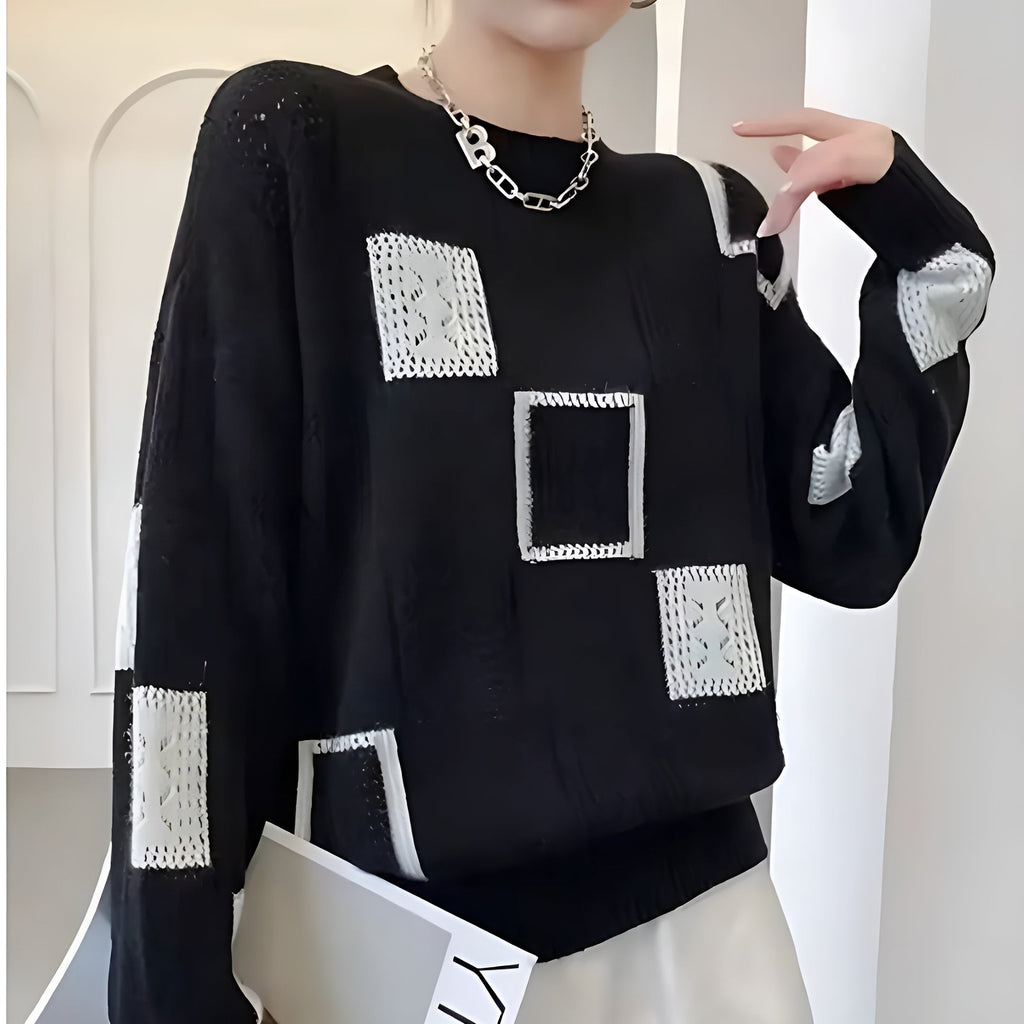 Women's Patterned Patchwork Sweater – Long Sleeve Knit Pullover