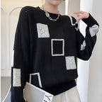 Women's Patterned Patchwork Sweater – Long Sleeve Knit Pullover