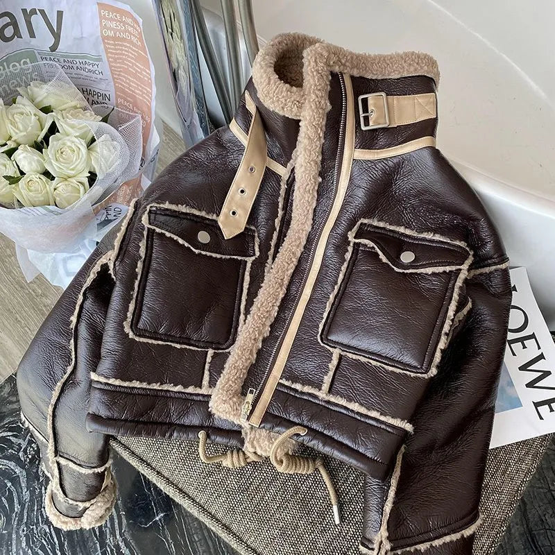 Women's Faux Leather Moto Coat – Plush Collar Winter Jacket