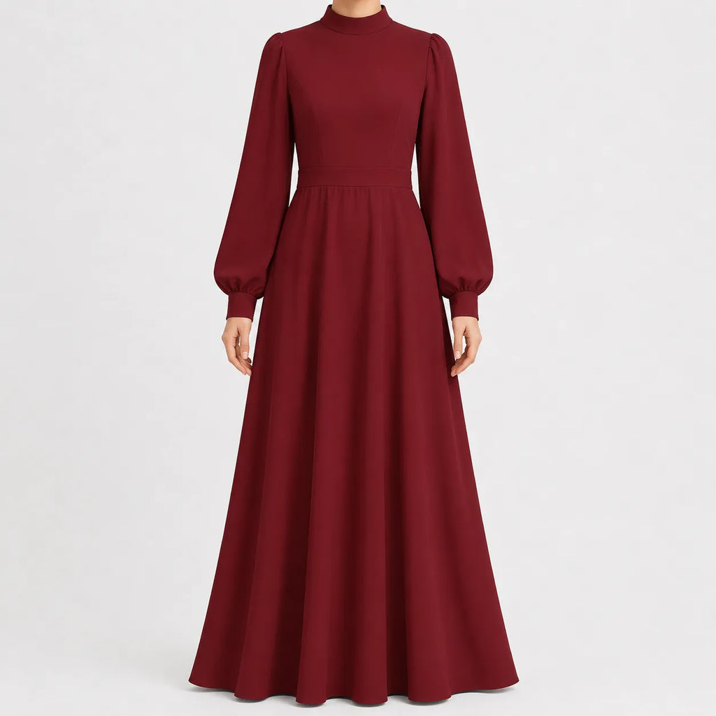 Women's High Waist Long Sleeve Maxi Dress – Mock Neck Flowy Dress