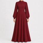 Women's High Waist Long Sleeve Maxi Dress – Mock Neck Flowy Dress