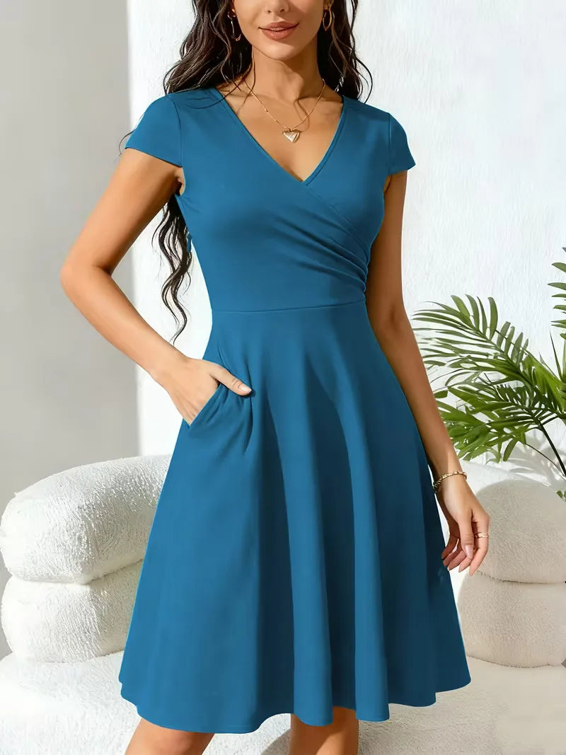 Women's V-Neck Pocket A-Line Dress – Short Sleeve Knee Length Dress