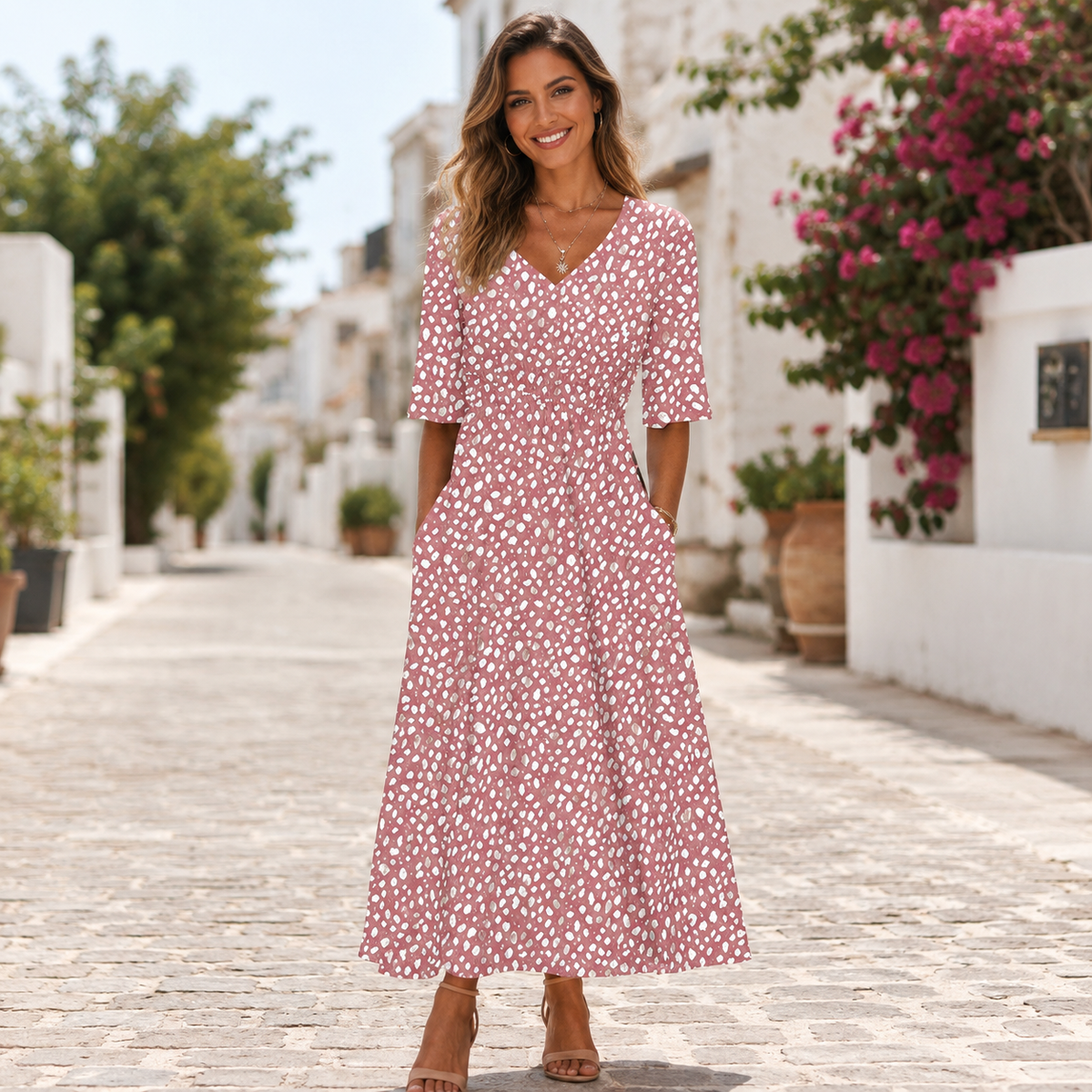 Women's Figure-Flattering Draped Midi Dress – Flowy Formal Occasion Dress