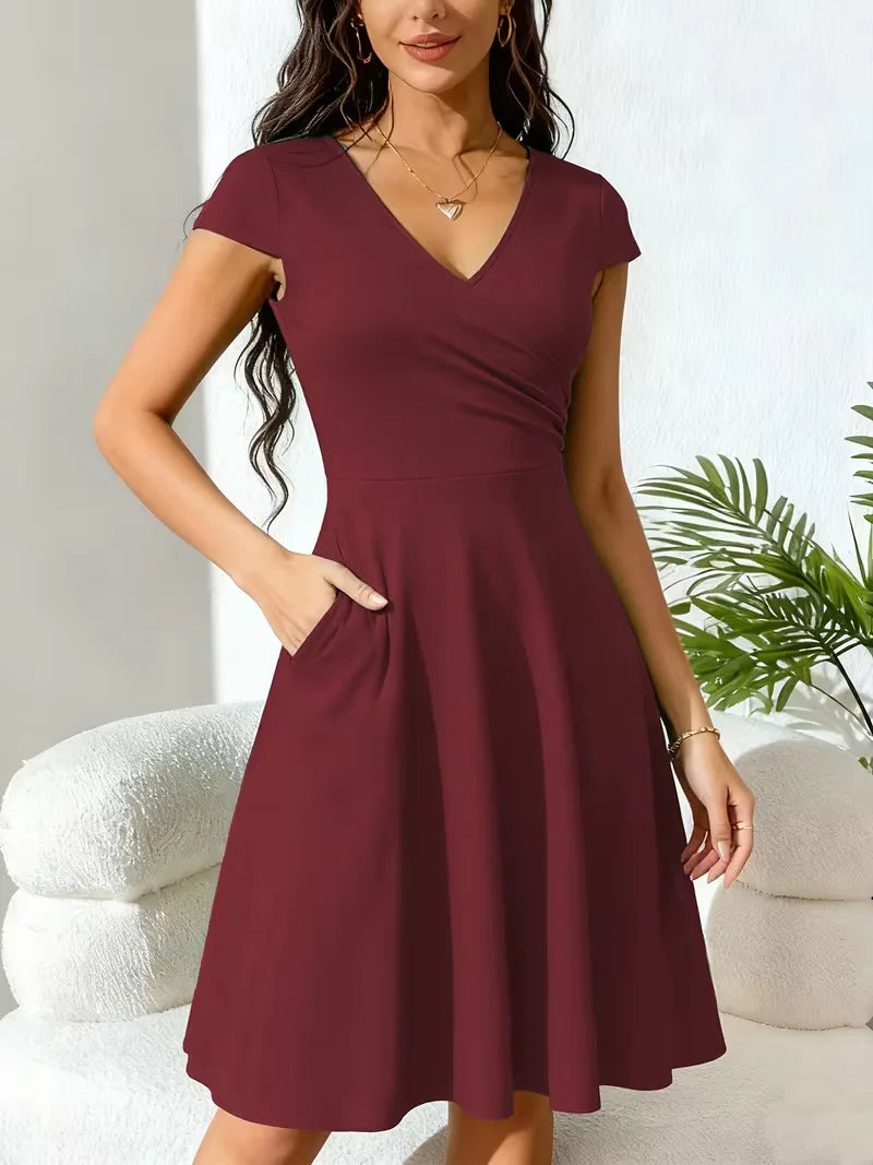 Women's V-Neck Pocket A-Line Dress – Short Sleeve Knee Length Dress