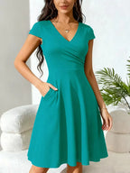 Women's V-Neck Pocket A-Line Dress – Short Sleeve Knee Length Dress
