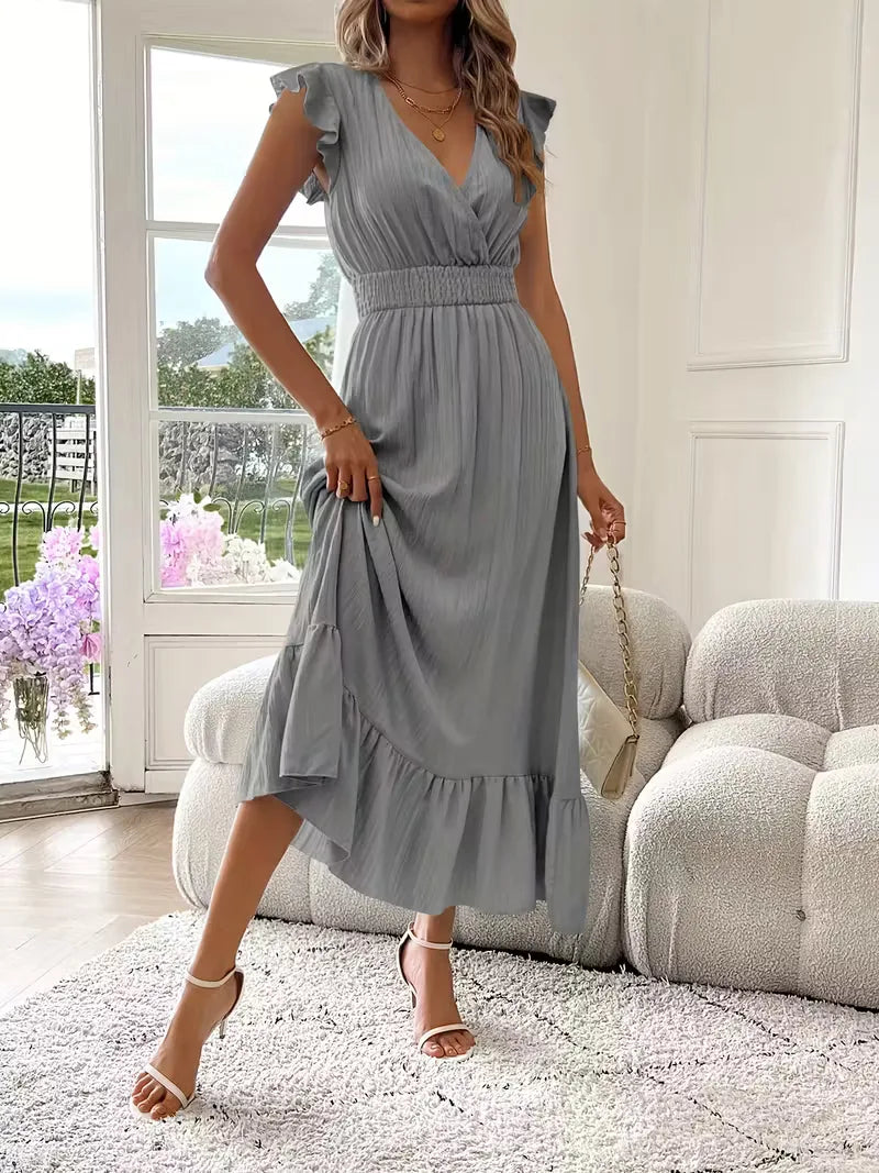 Women's V-Neck Tiered Evening Maxi Dress – Short Sleeve Smocked Waist Dress