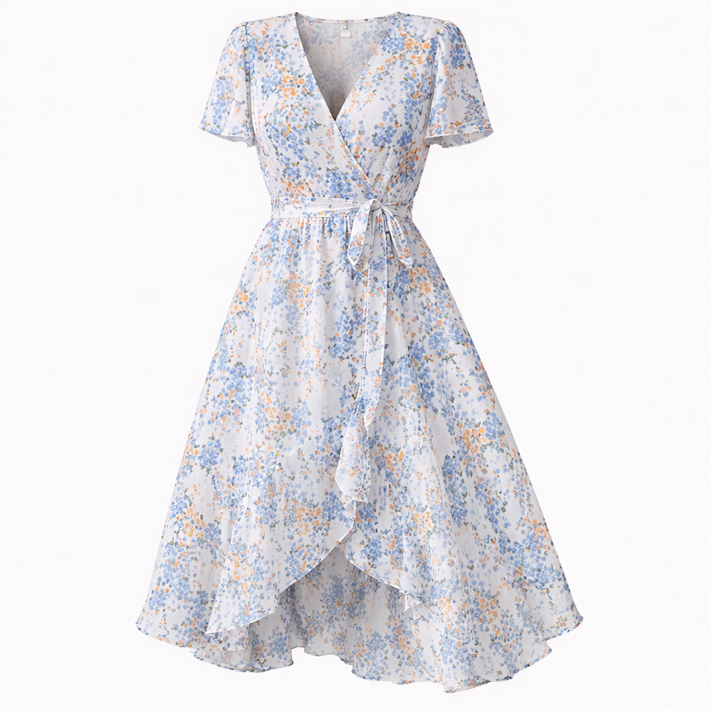 Women's Floral Belted Wrap Dress – V-Neck Midi Occasion Dress