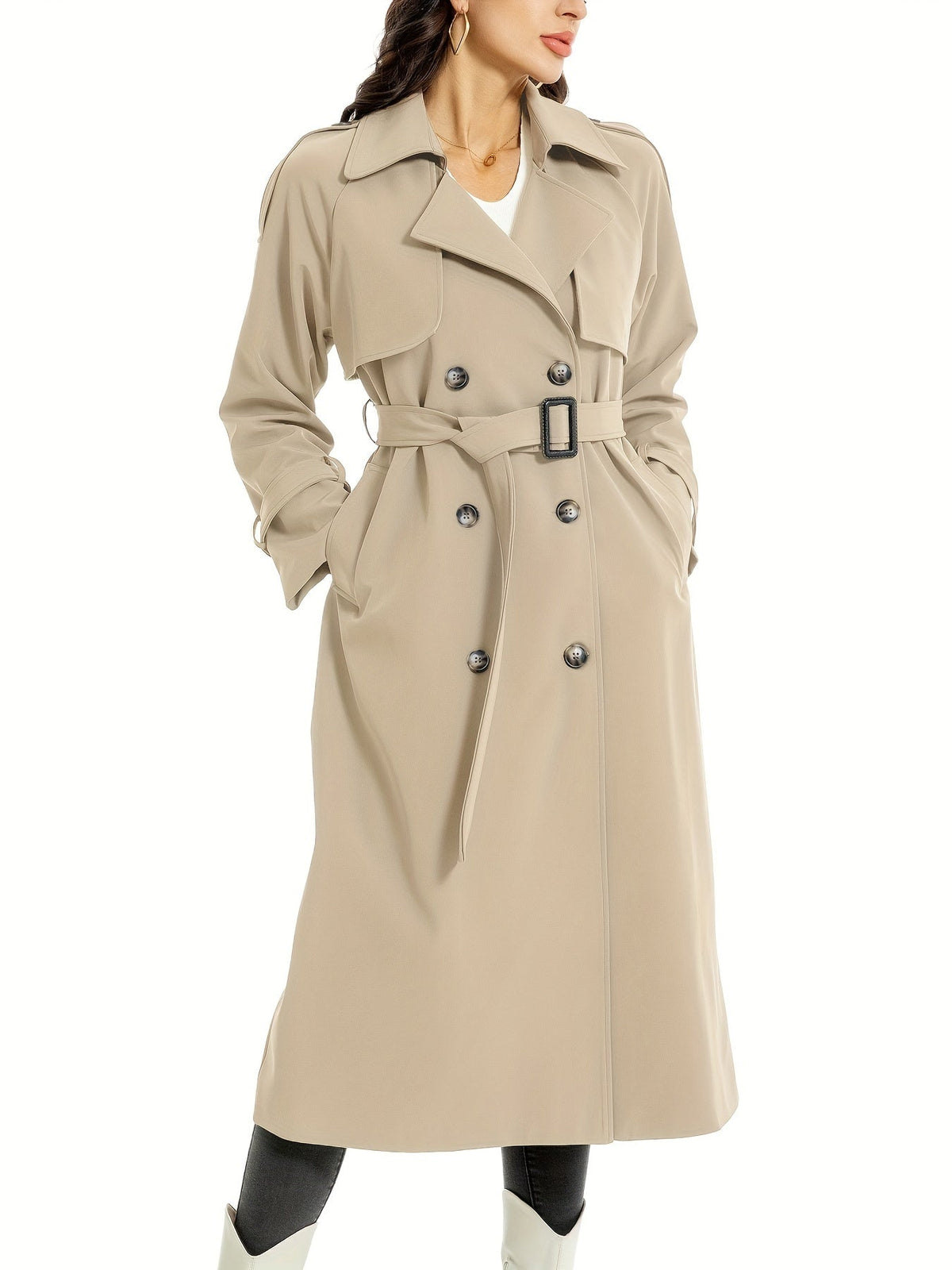 Women's Belted Wide Lapel Trench Coat – Classic Longline Overcoat