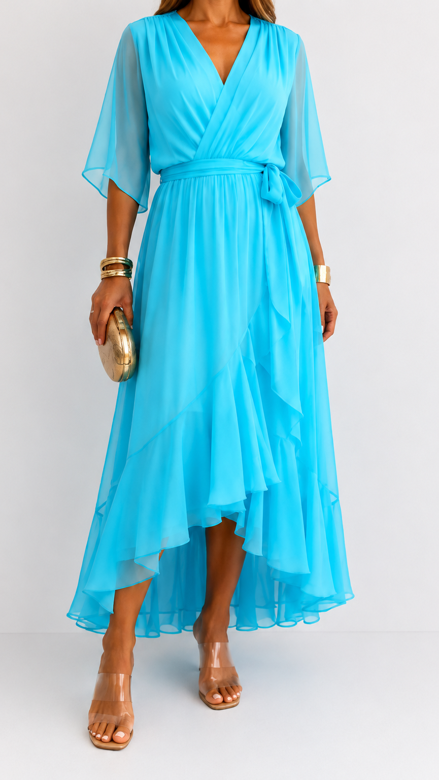 Women's Tie Waist V-Neck Wrap Dress – Flowy Cocktail Occasion Dress