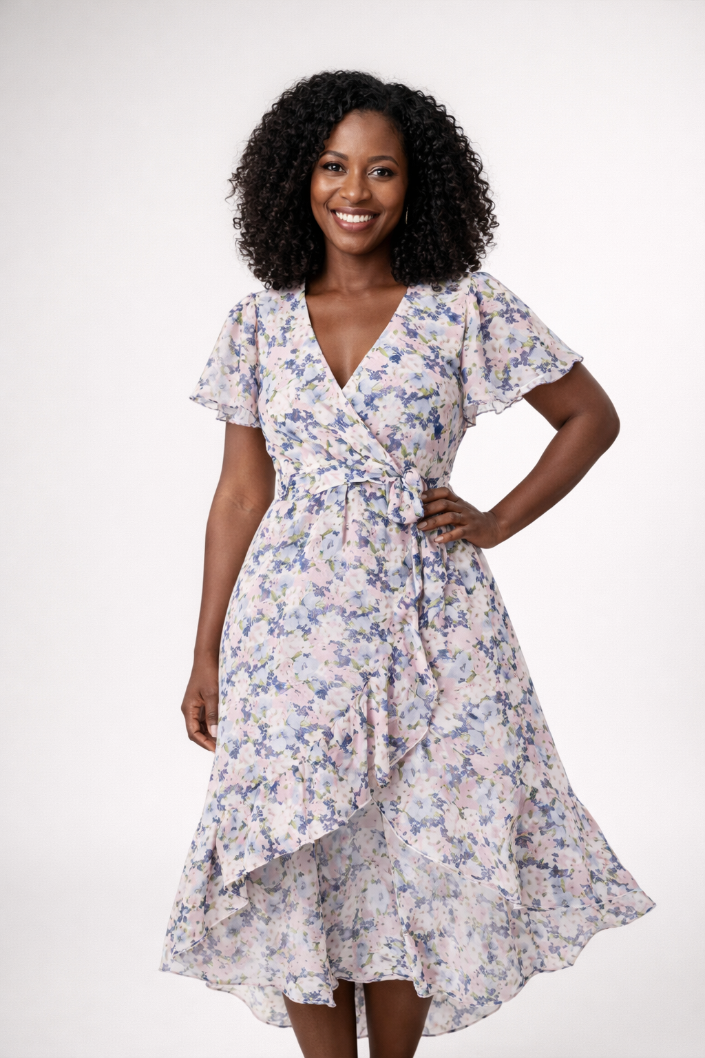 Women's Floral Belted Wrap Dress – V-Neck Midi Occasion Dress