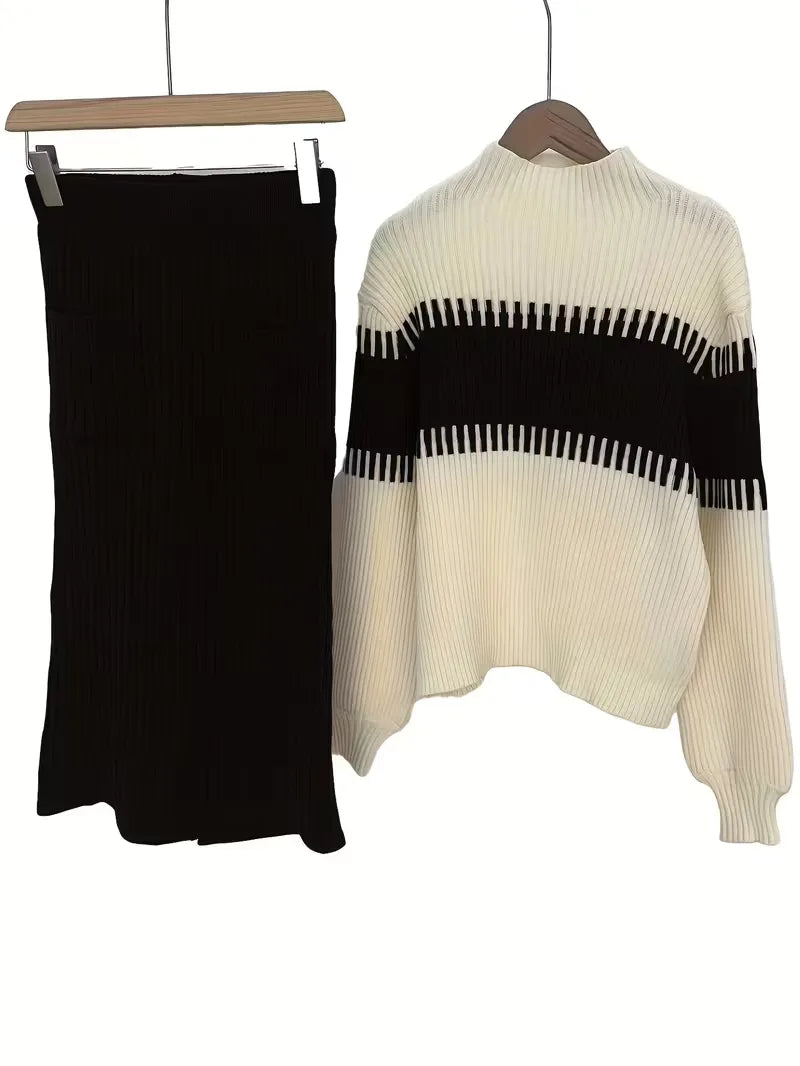 Women's Ribbed Knit Skirt Set – High Neck Sweater Co-Ord