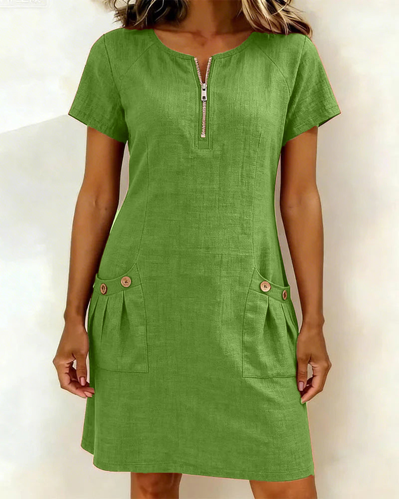 Women's Pocket A-Line Midi Dress – Short Sleeve Relaxed Day Dress