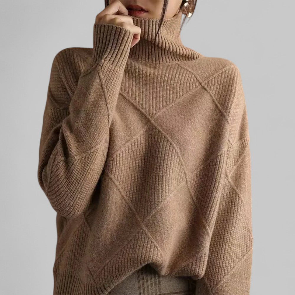 Women's Geometric Roll Neck Sweater – Relaxed Winter Knit Sweater