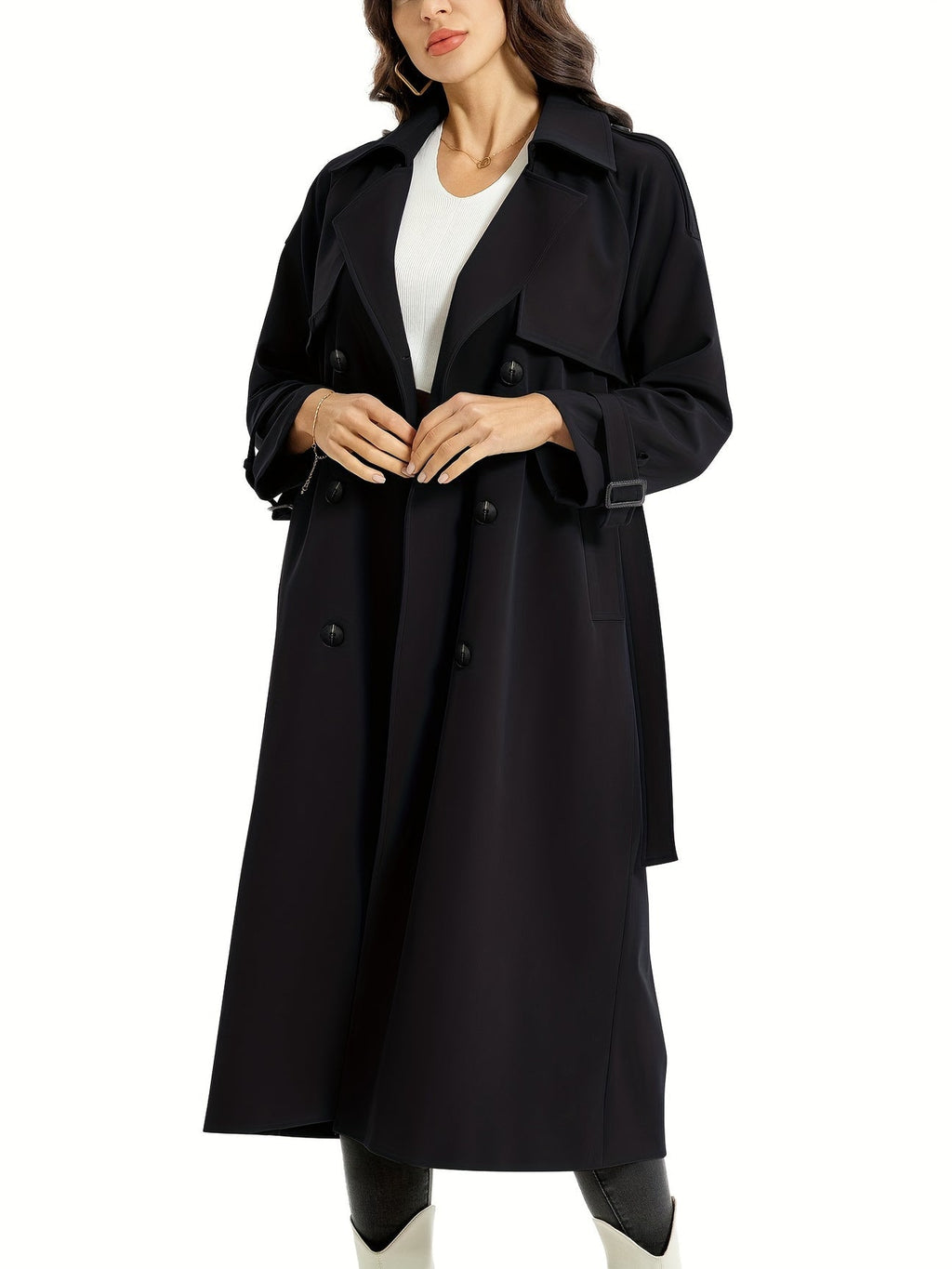 Women's Belted Wide Lapel Trench Coat – Classic Longline Overcoat
