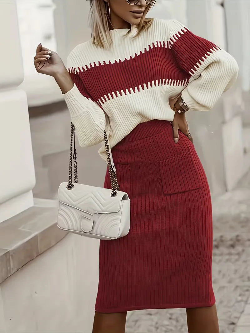 Women's Ribbed Knit Skirt Set – High Neck Sweater Co-Ord