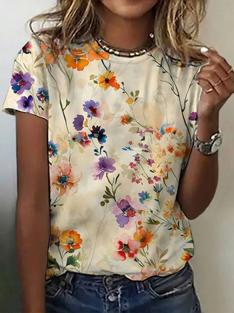 Women's Short Sleeve Floral Top – Vintage Crew Neck Top