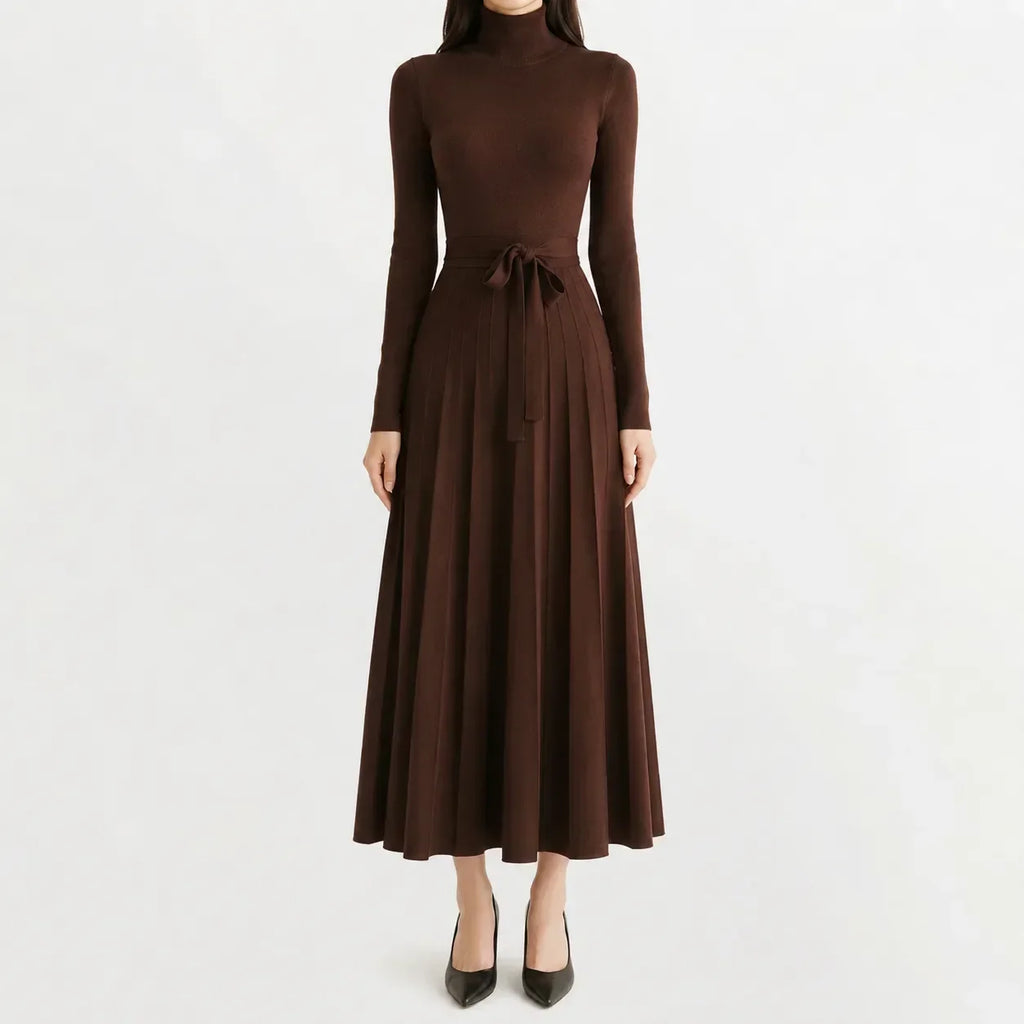 Women's Long Sleeve Turtleneck Knit Dress – Belted Flared Sweater Dress