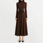 Women's Long Sleeve Turtleneck Knit Dress – Belted Flared Sweater Dress