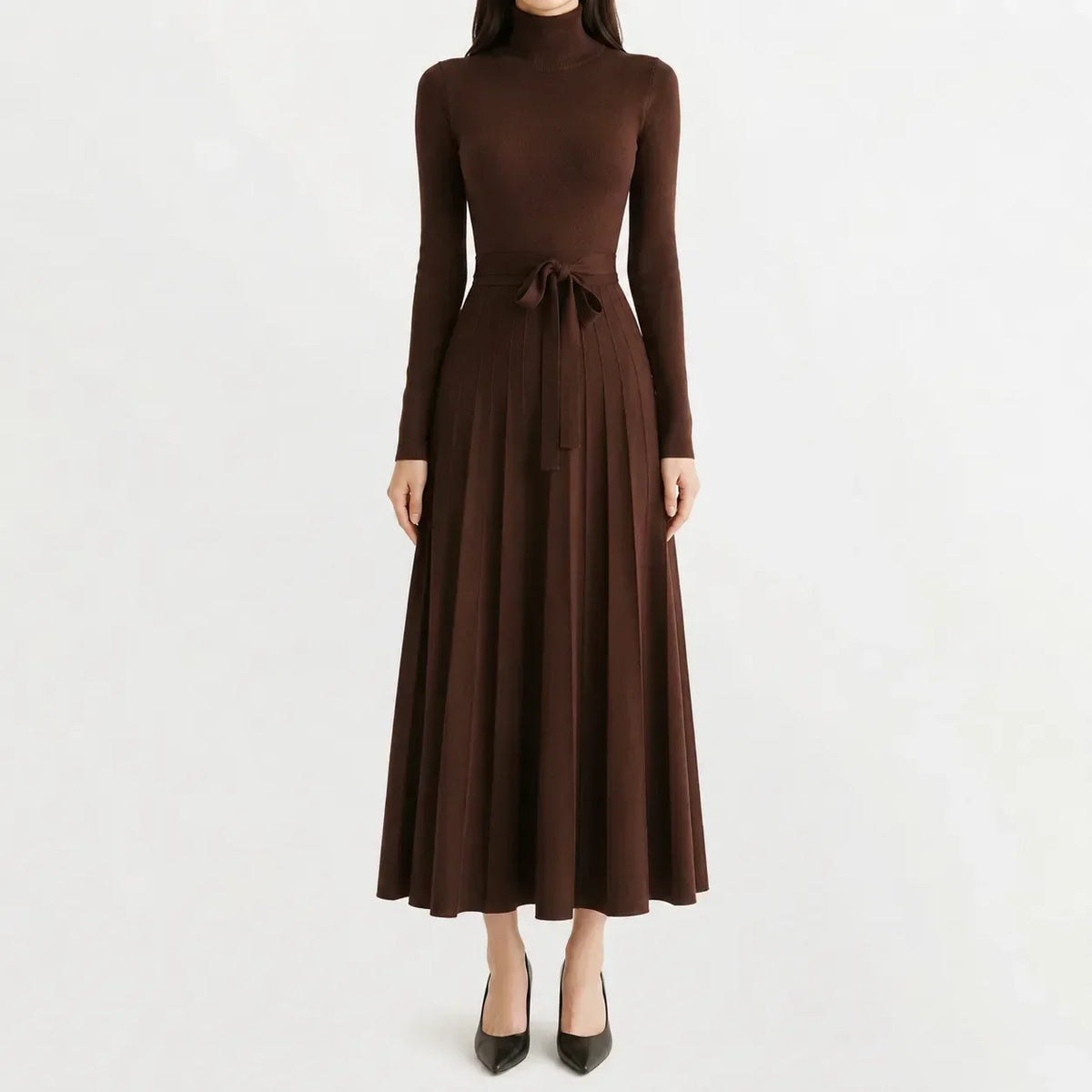 Women's Long Sleeve Turtleneck Knit Dress – Belted Flared Sweater Dress