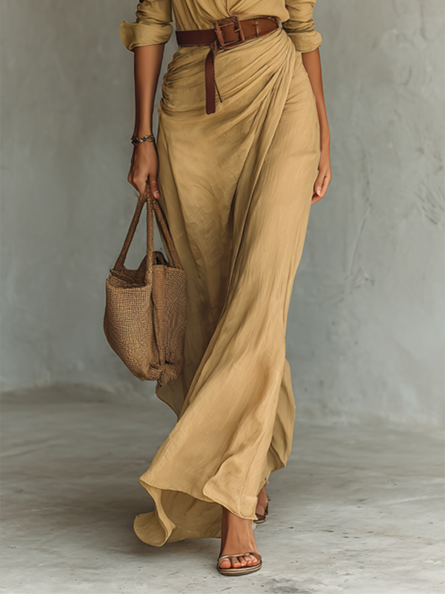 Women's Belted Maxi Shirt Dress – Long Sleeve Lapel Collar Dress