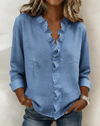 Women's Statement Sleeve Blouse – V-Neck Ruffle Flowy Blouse