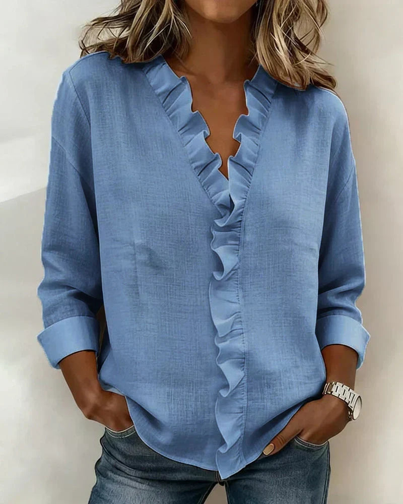 Women's Statement Sleeve Blouse – V-Neck Ruffle Flowy Blouse