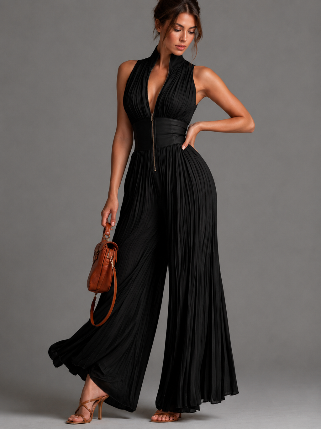 Women's Halter Wide Leg Jumpsuit – Defined Waist Evening Occasion Jumpsuit