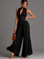 Women's Halter Wide Leg Jumpsuit – Defined Waist Evening Occasion Jumpsuit
