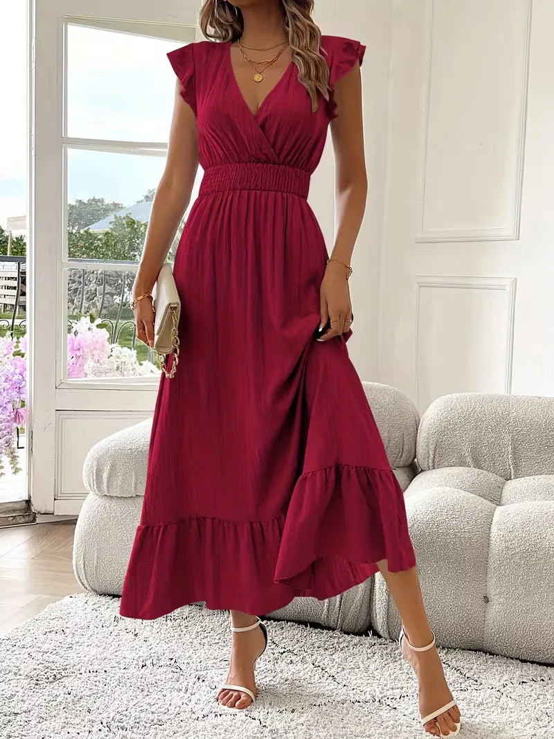 Women's V-Neck Tiered Evening Maxi Dress – Short Sleeve Smocked Waist Dress