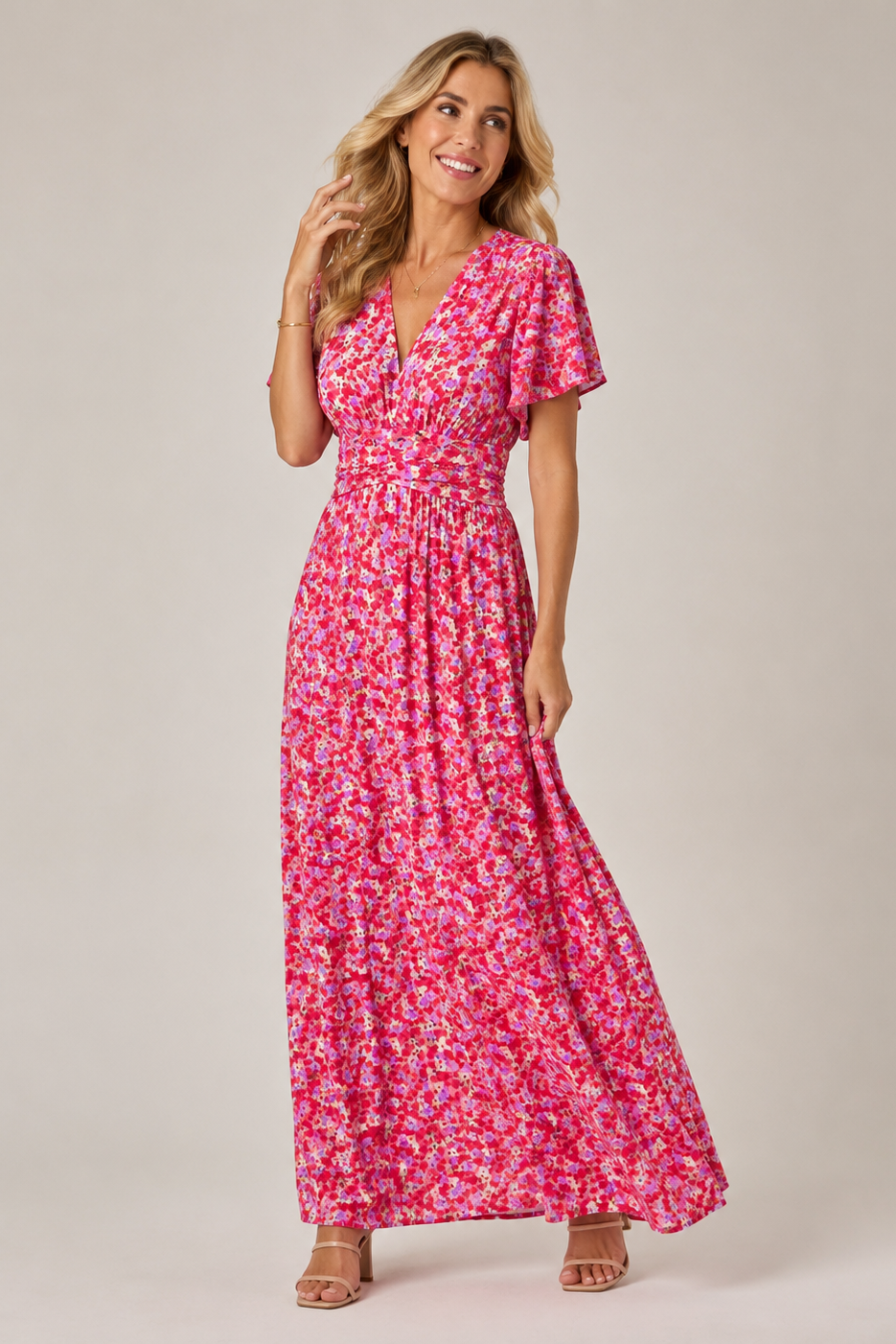 Women's Floral V-Neck Long Dress – Flowy Boho Maxi Dress