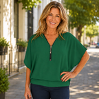 Women's Batwing Sleeve Blouse – Zip V-Neck Relaxed Blouse