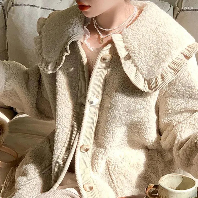 Women's Ruffle Collar Winter Coat – Plush Relaxed Jacket