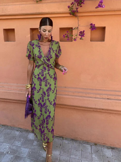 Women's Short Sleeve Summer Dress – V-Neck Ruffle Flowy Dress
