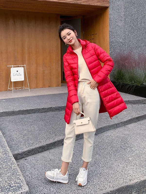 Women's Lightweight Puffer Coat – Longline Removable Hood Jacket