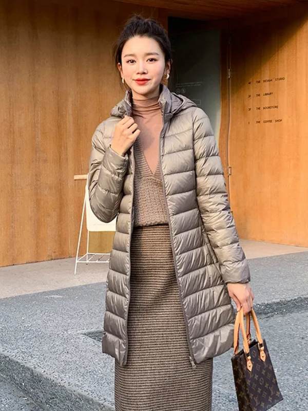Women's Lightweight Puffer Coat – Longline Removable Hood Jacket