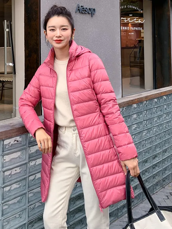 Women's Lightweight Puffer Coat – Longline Removable Hood Jacket