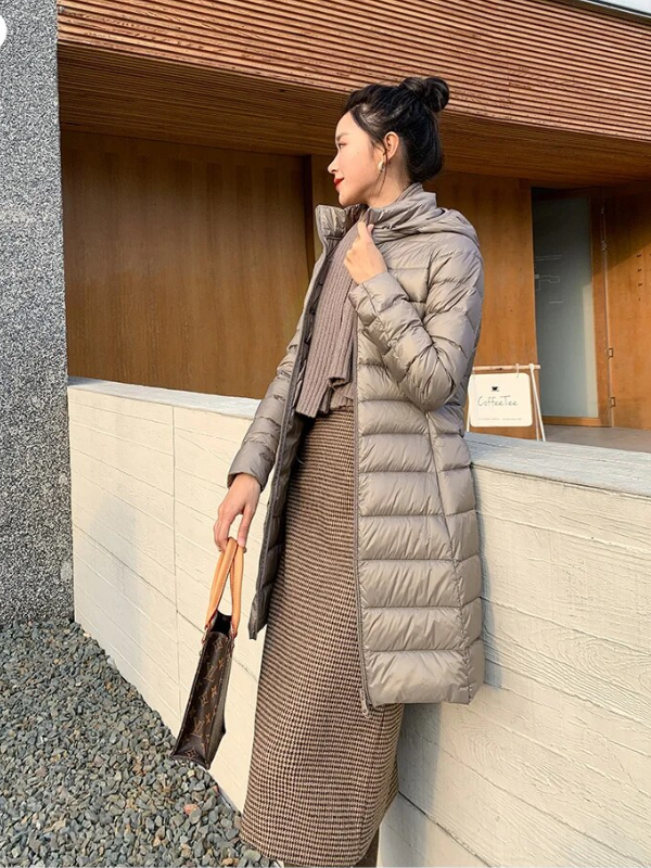Women's Lightweight Puffer Coat – Longline Removable Hood Jacket