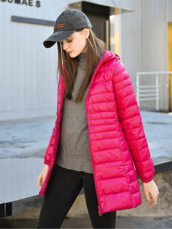 Women's Lightweight Puffer Coat – Longline Removable Hood Jacket