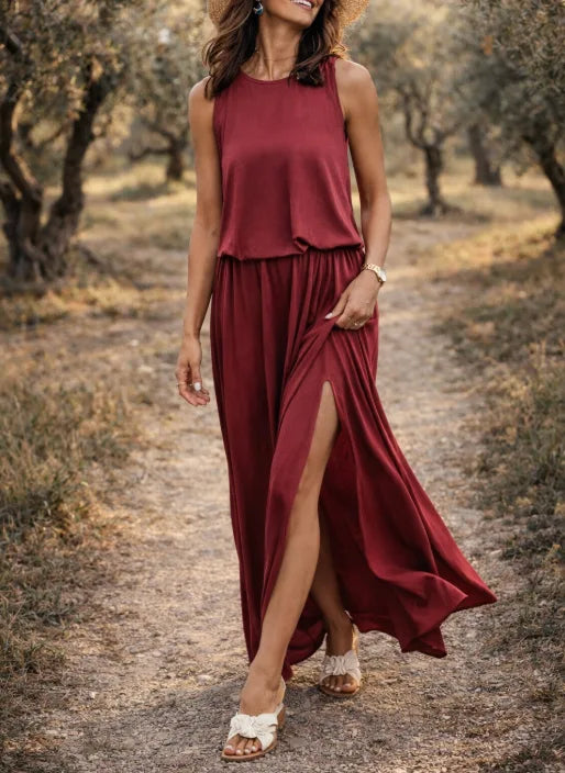 Women's Elastic Waist Maxi Dress – Sleeveless Side Slit Summer Dress